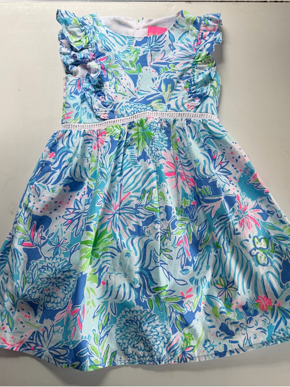 Lilly Pulitzer Girls Floral Ruffle Sleeve Sundress - Blue, Pink & Green